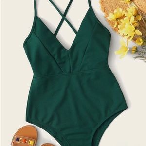 Lace Up Back One Piece Green Swimsuit